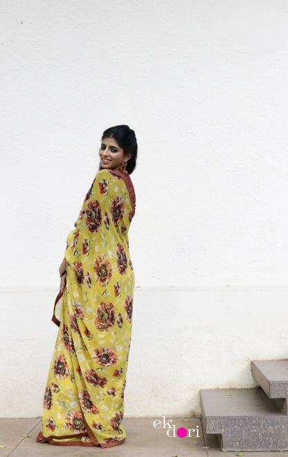Buy Floral Chiffon Saree Online : 'Pretty Peonies' Floral Chiffon Saree With Cotton Border