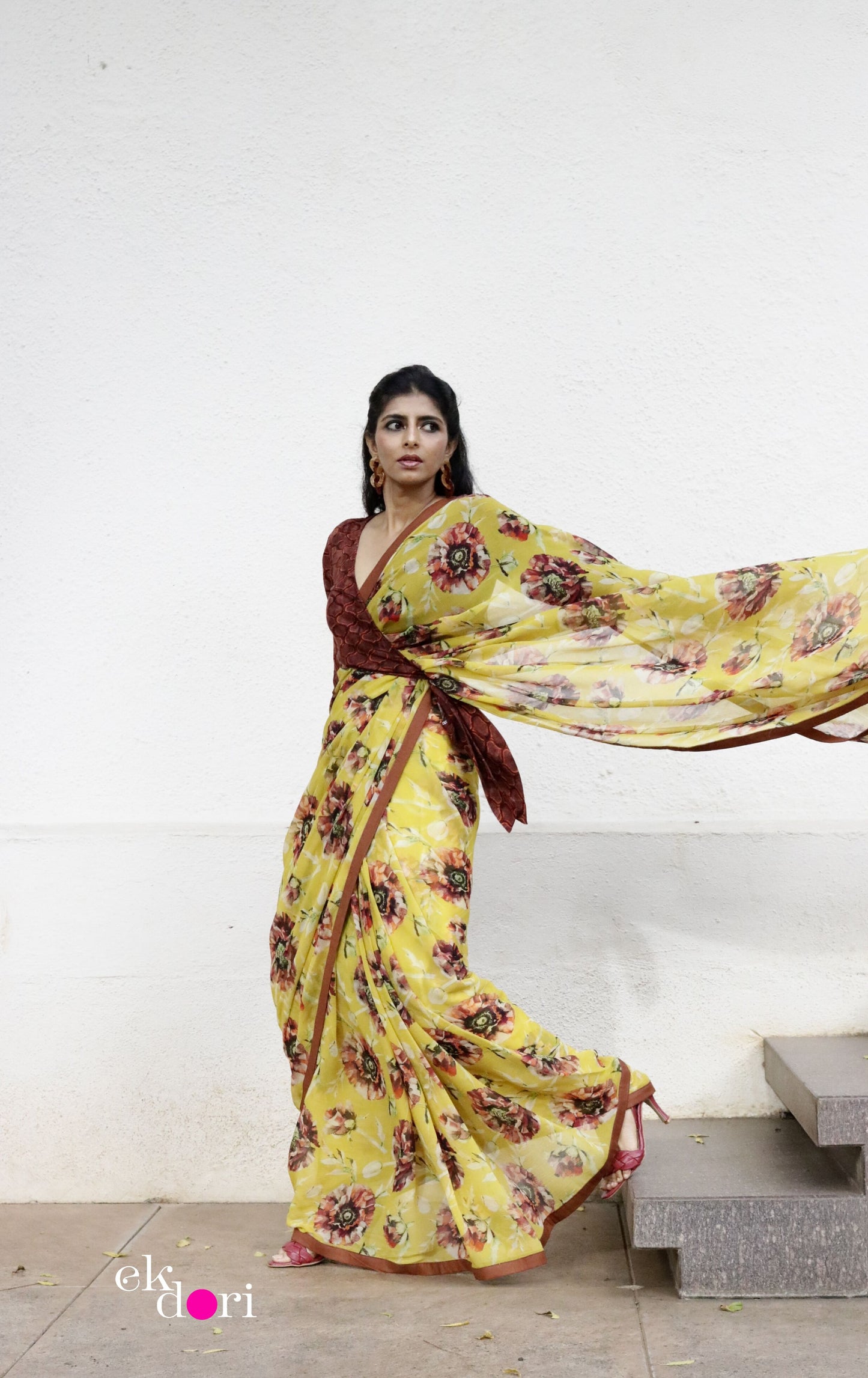Buy Floral Chiffon Saree Online : 'Pretty Peonies' Floral Chiffon Saree With Cotton Border