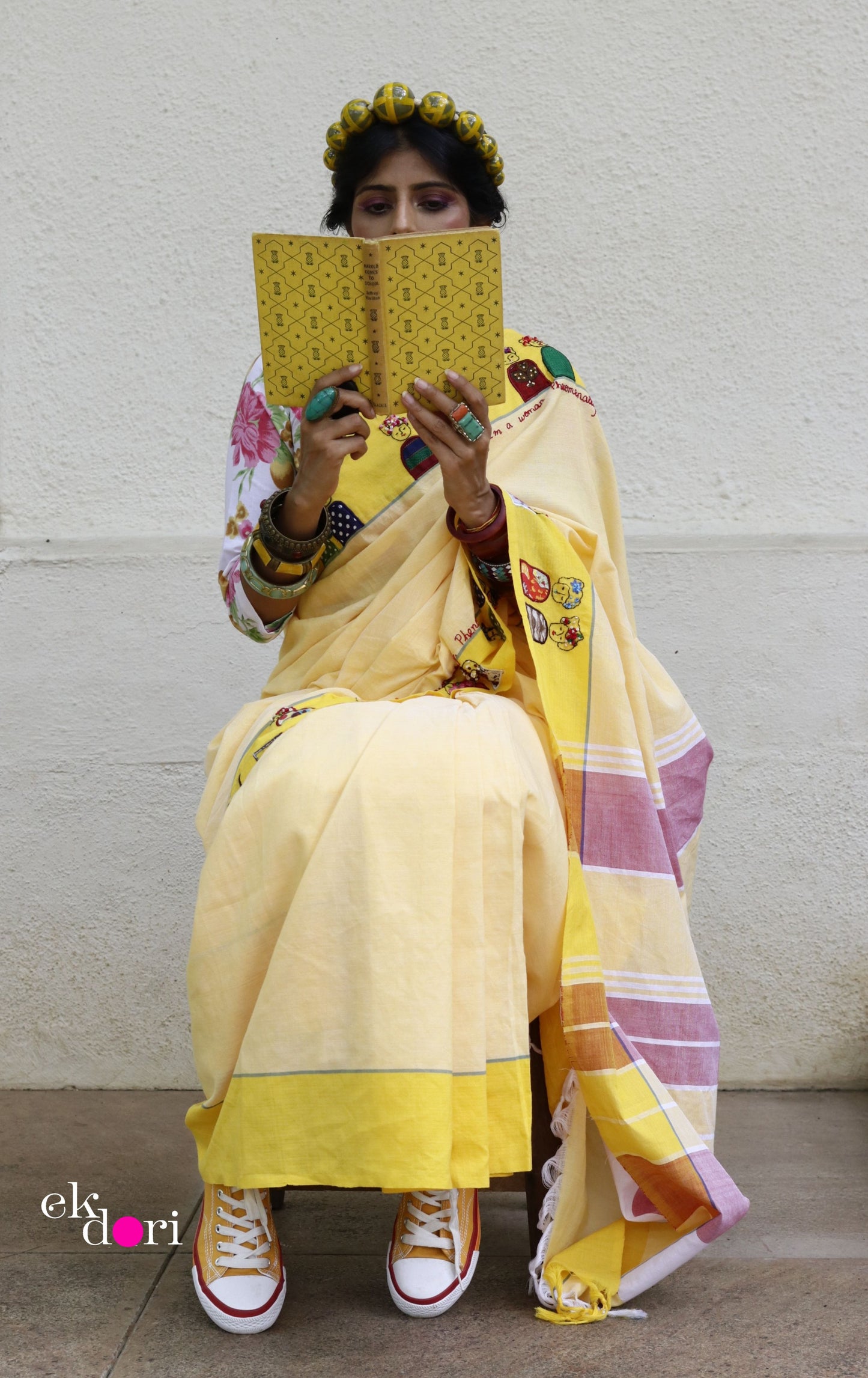 The Frida Saree In Yellow: Buy Cotton Statement Hand Embroidered Saree