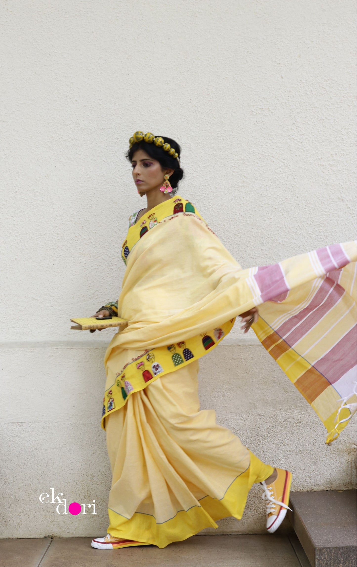 The Frida Saree In Yellow: Buy Cotton Statement Hand Embroidered Saree