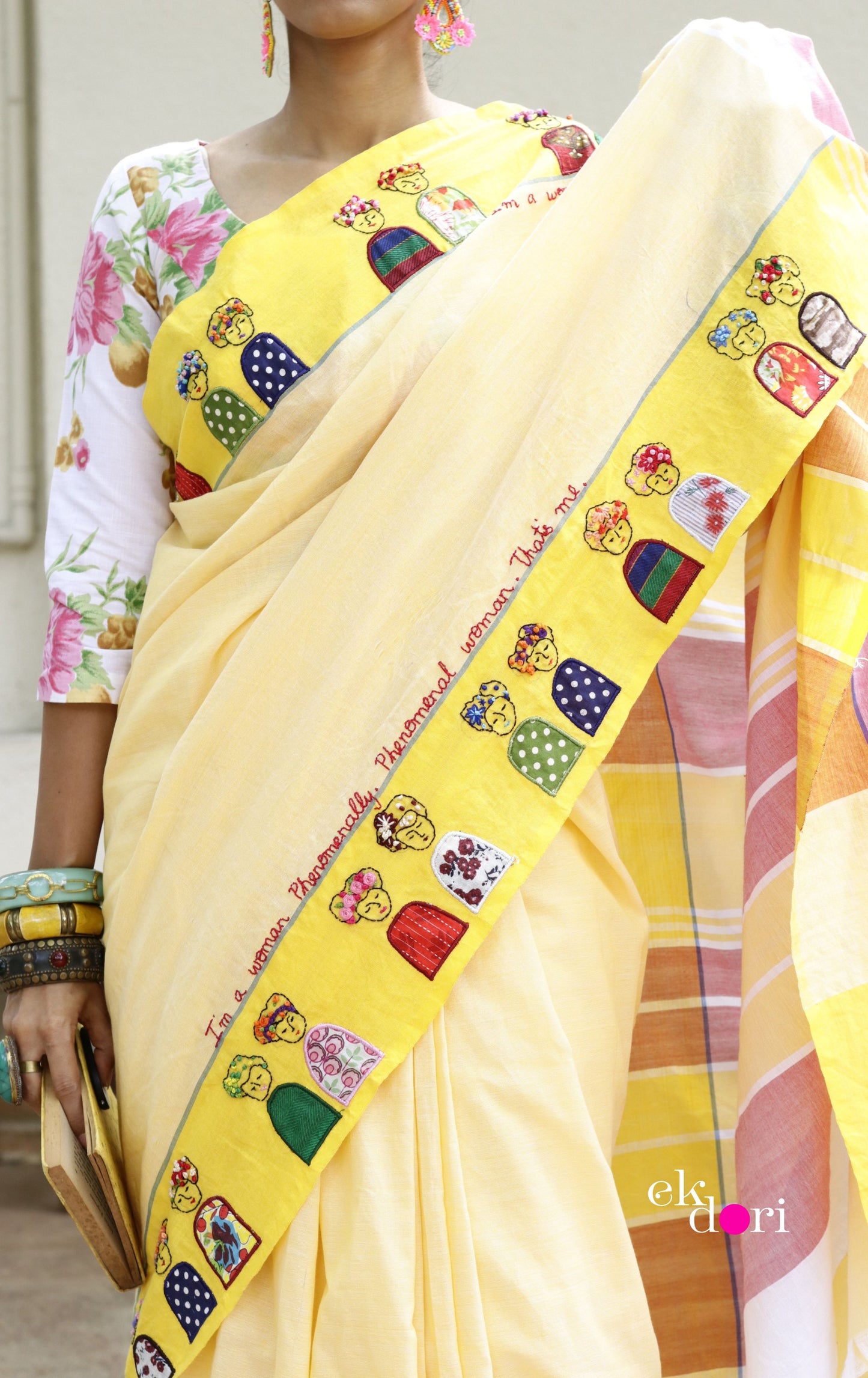 The Frida Saree In Yellow: Buy Cotton Statement Hand Embroidered Saree