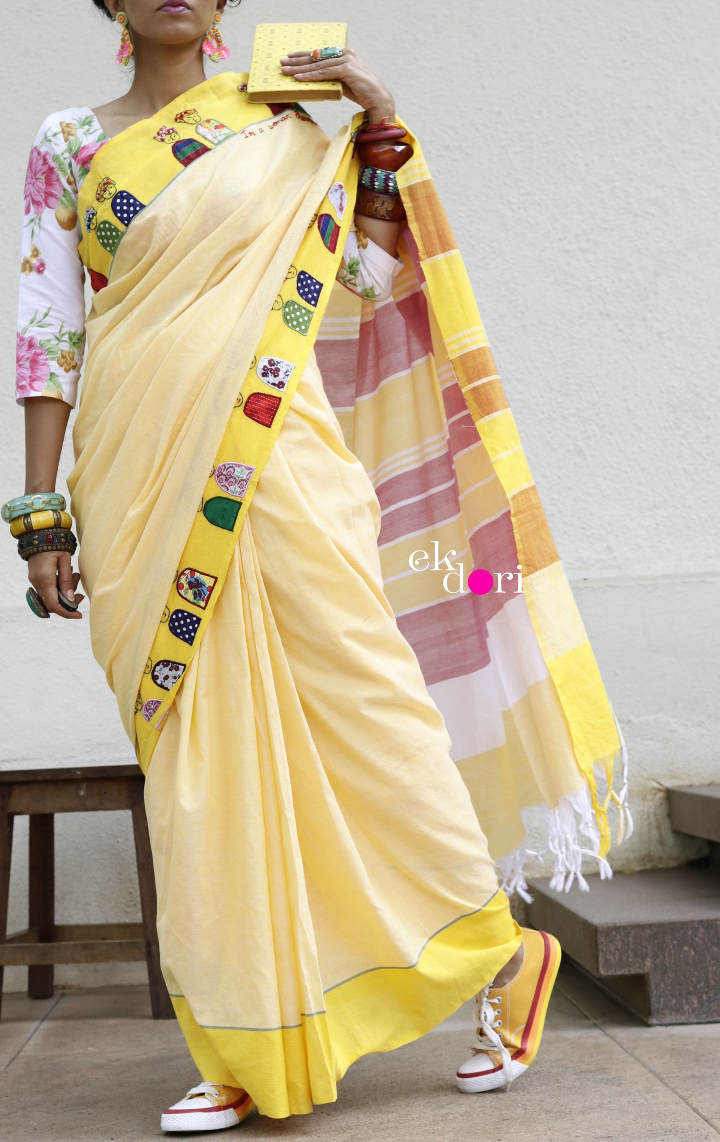 The Frida Saree In Yellow: Buy Cotton Statement Hand Embroidered Saree