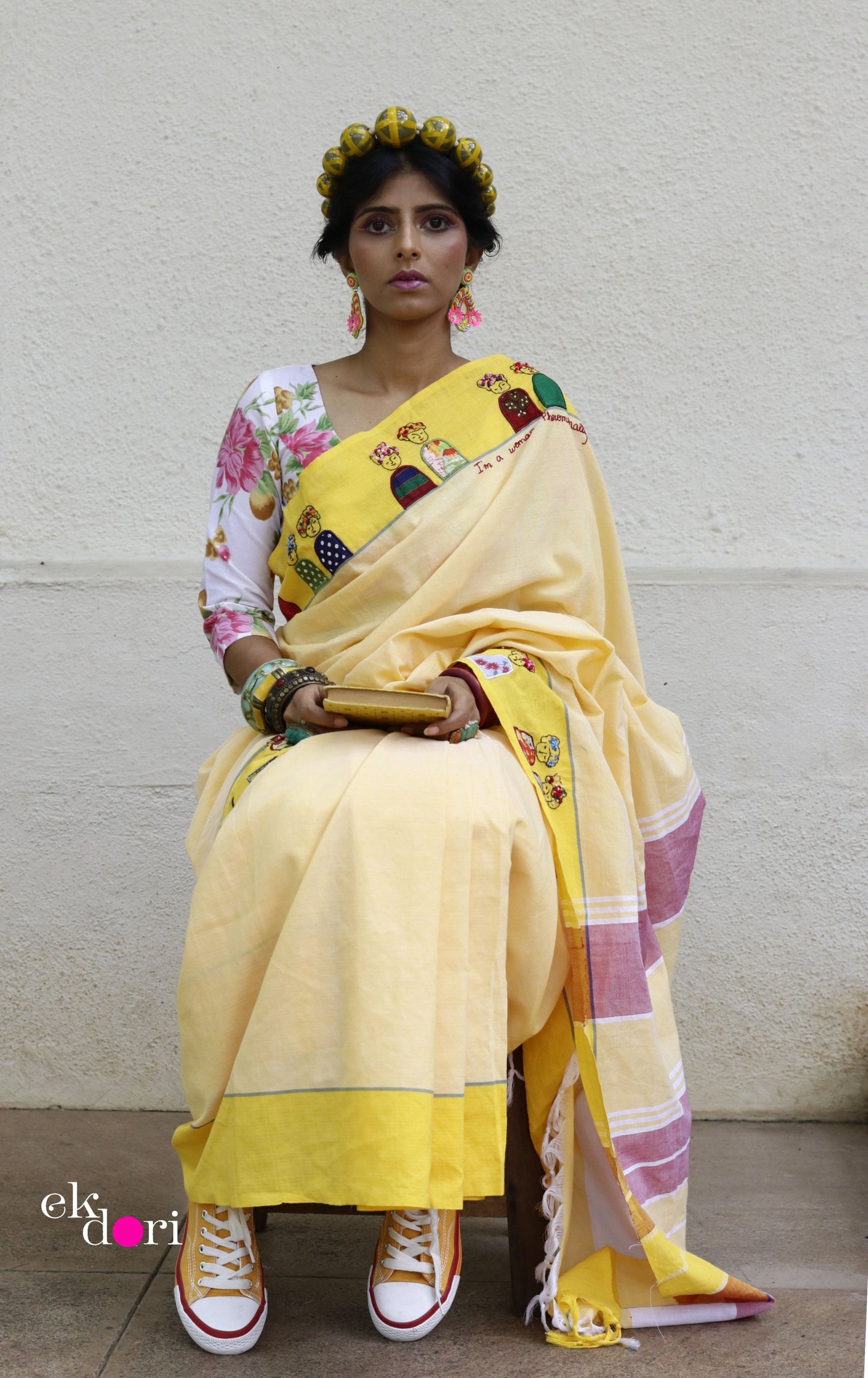 The Frida Saree In Yellow: Buy Cotton Statement Hand Embroidered Saree