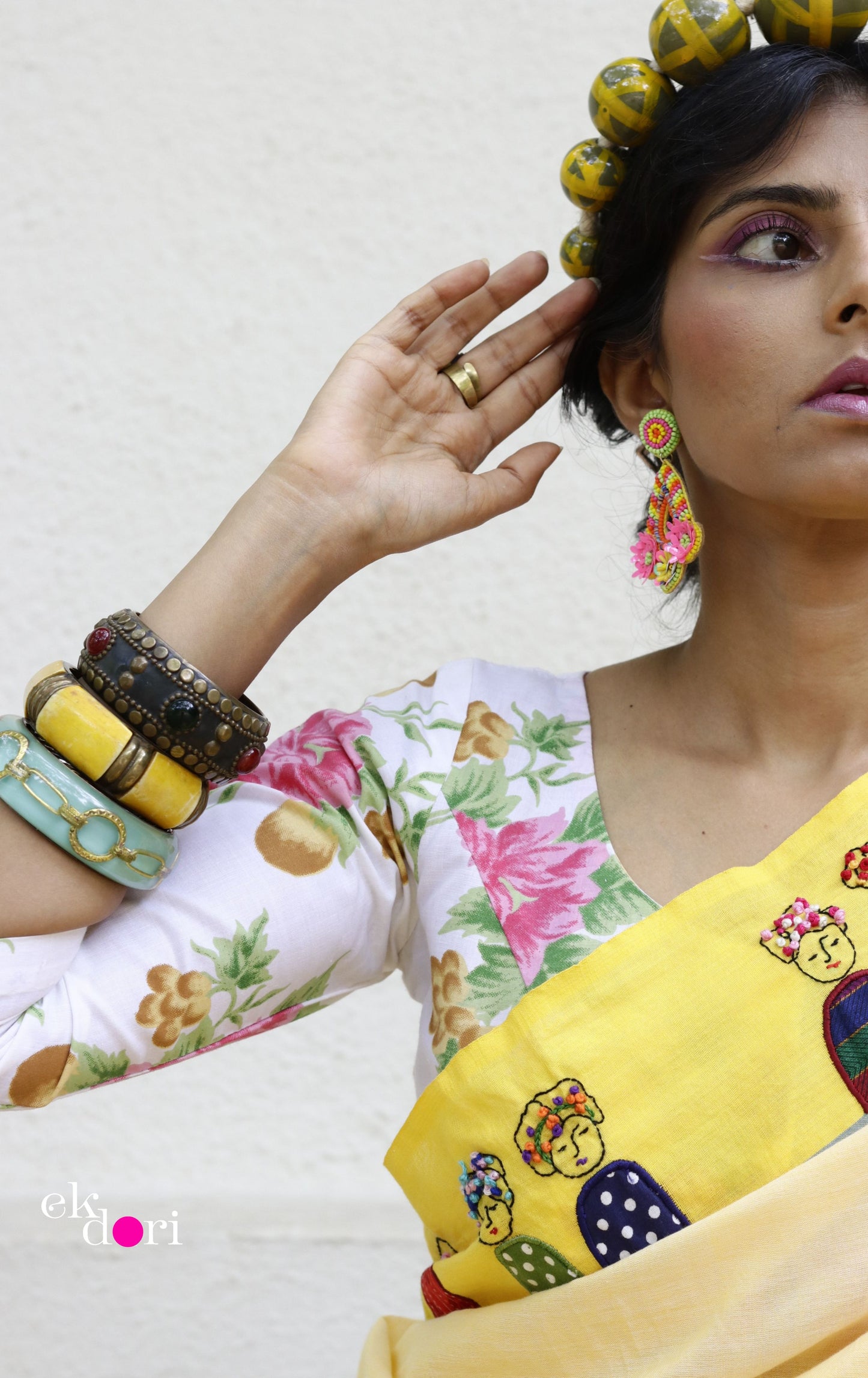 The Frida Saree In Yellow: Buy Cotton Statement Hand Embroidered Saree