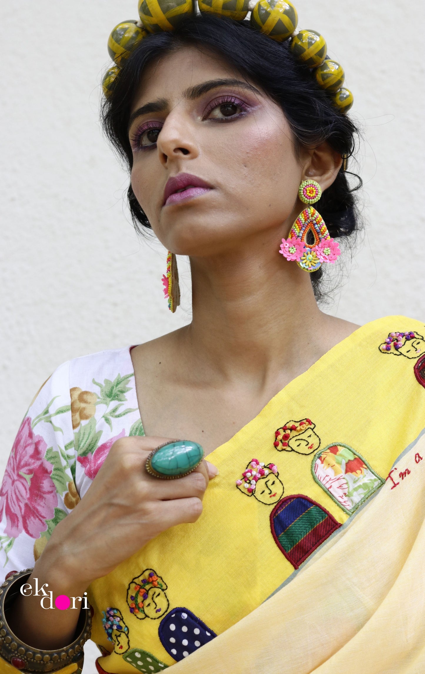 The Frida Saree In Yellow: Buy Cotton Statement Hand Embroidered Saree