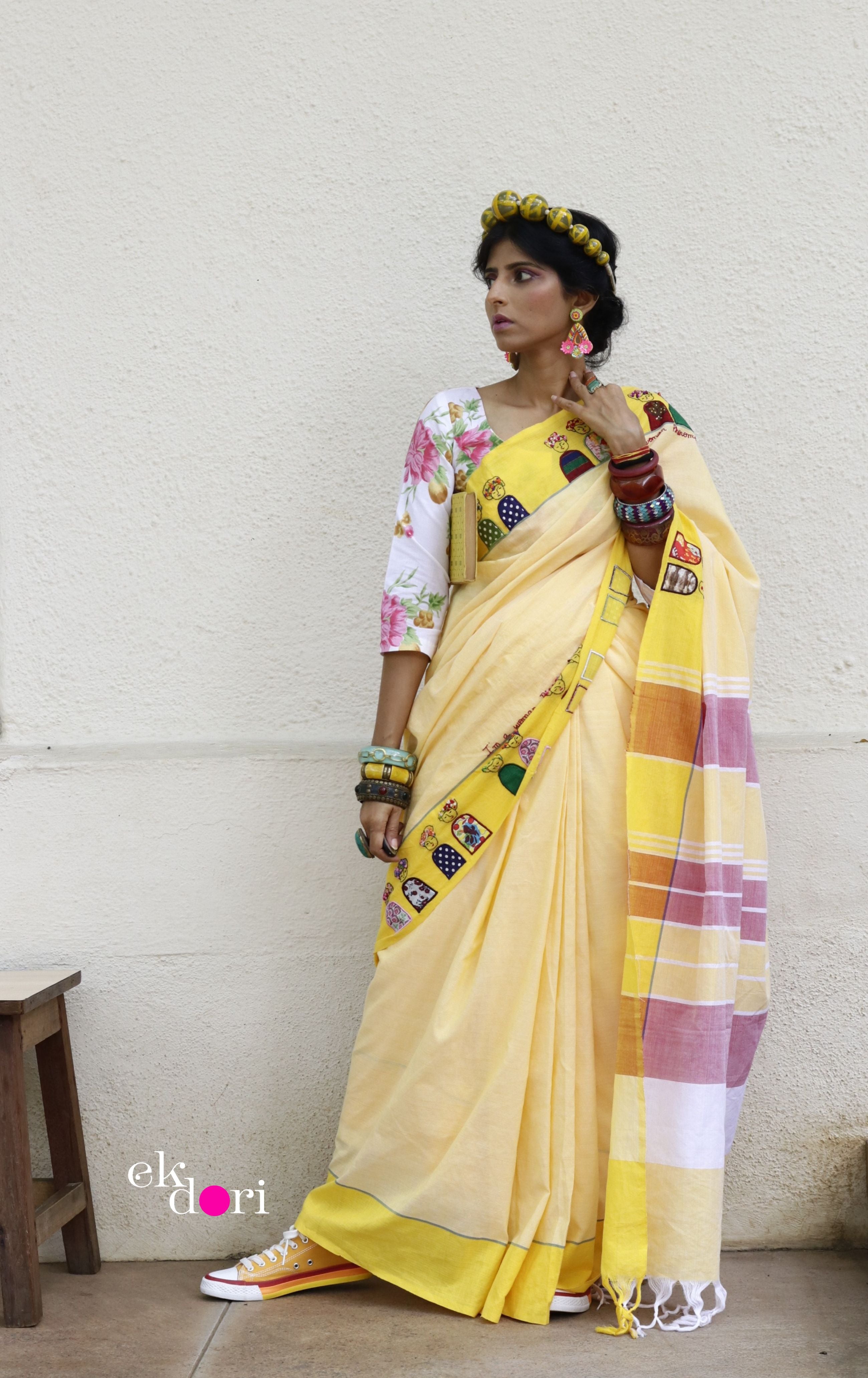 Beautiful handpainted yellow chanderi saree with Ajrakh border – Sujatra