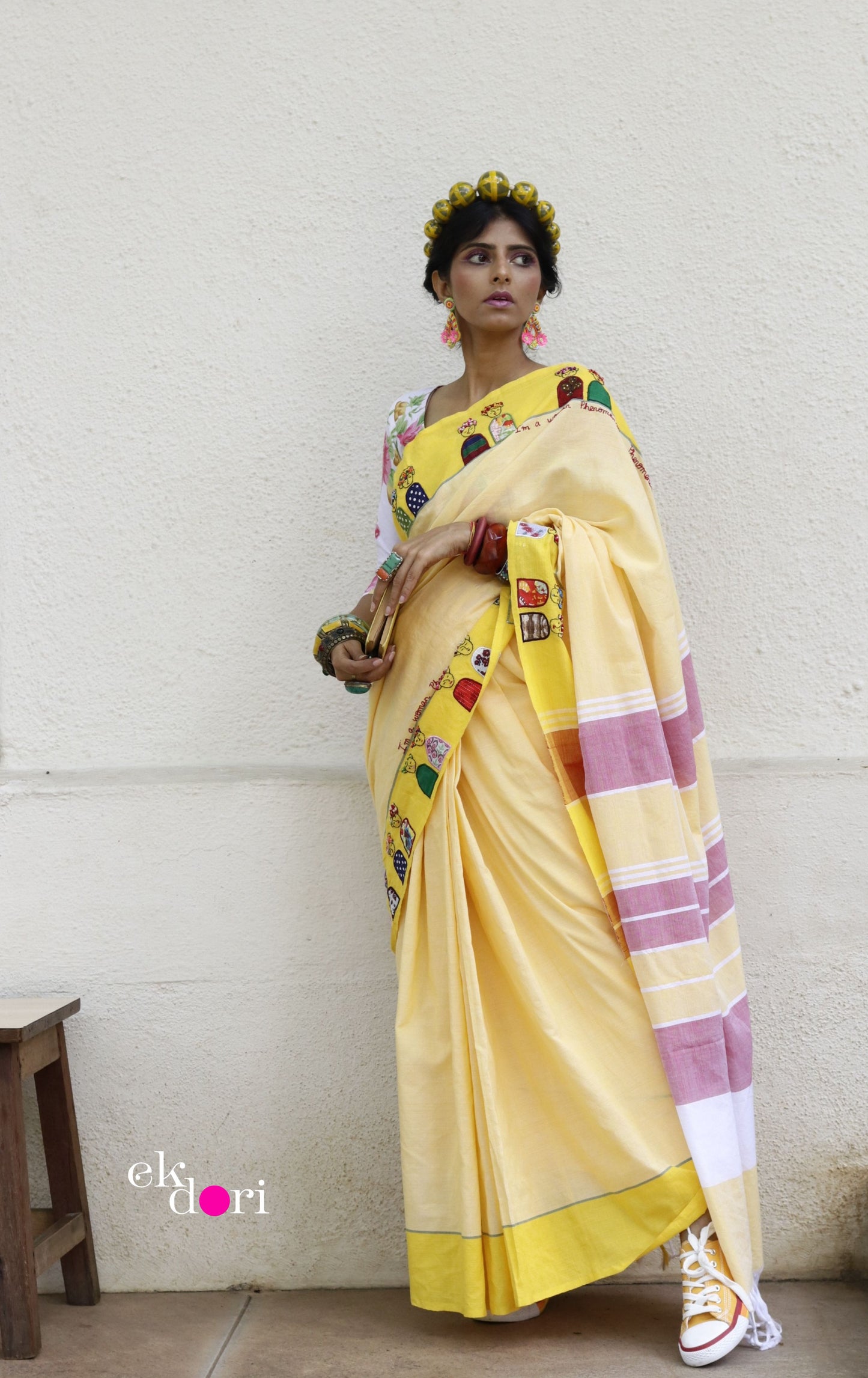 The Frida Saree In Yellow: Buy Cotton Statement Hand Embroidered Saree