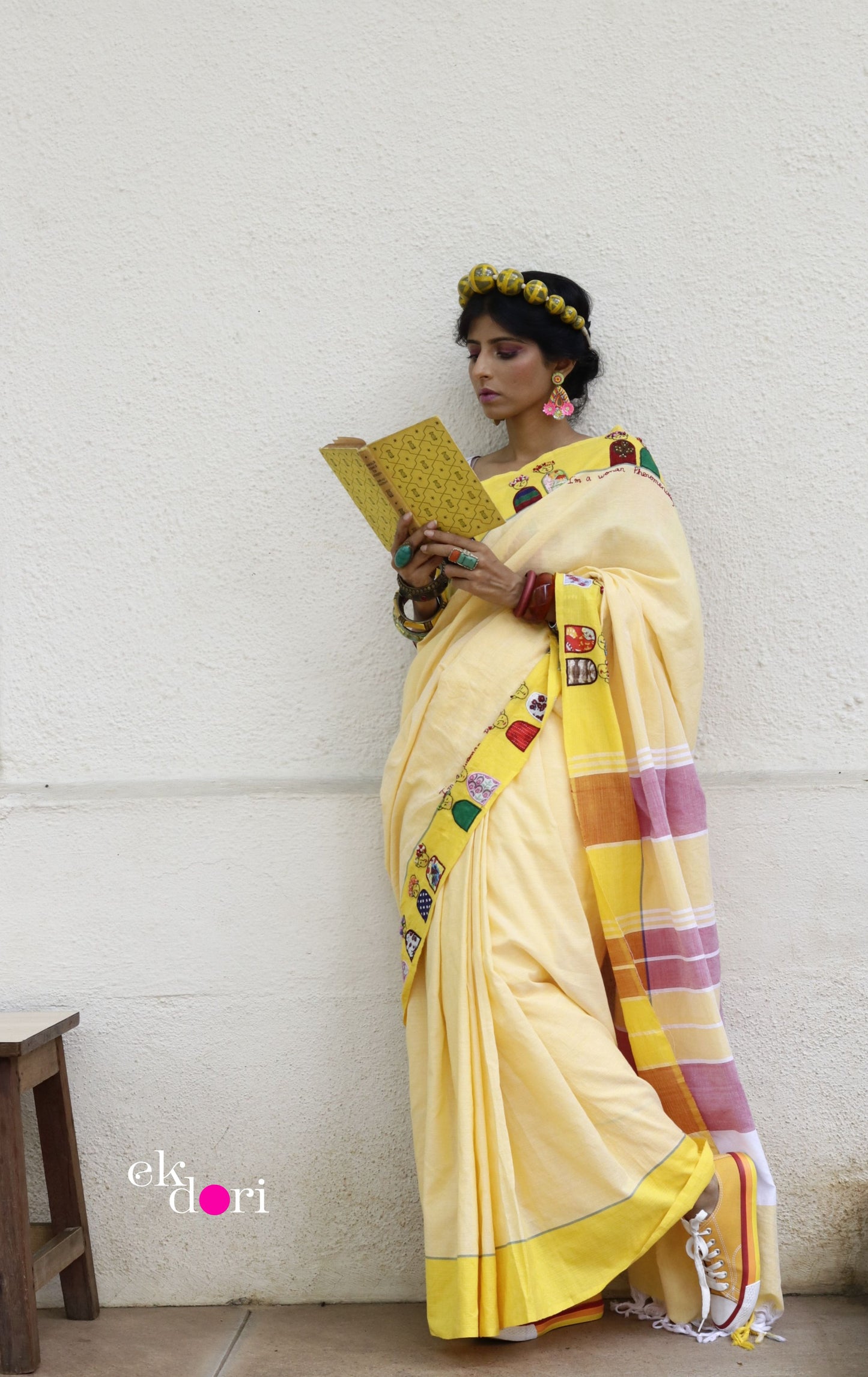 The Frida Saree In Yellow: Buy Cotton Statement Hand Embroidered Saree