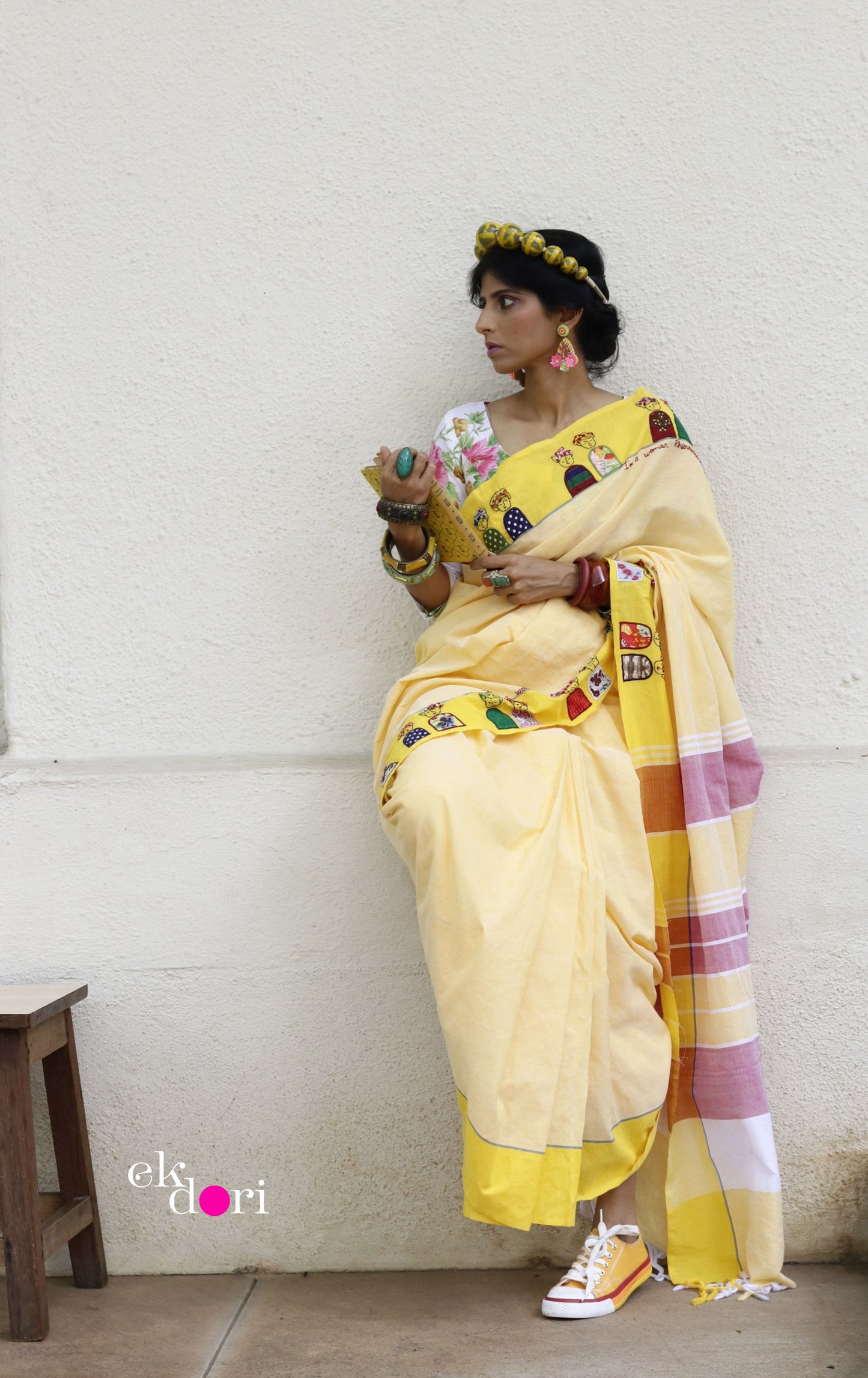 The Frida Saree In Yellow: Buy Cotton Statement Hand Embroidered Saree