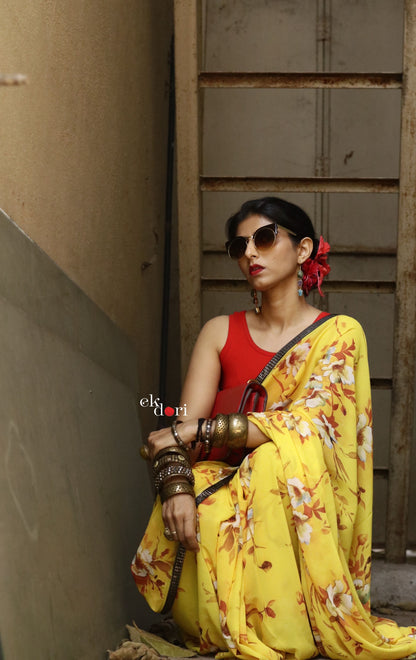 'Autumn' Yellow Leaf Print Georgette Saree : Buy Statement Summer Printed Sarees Online