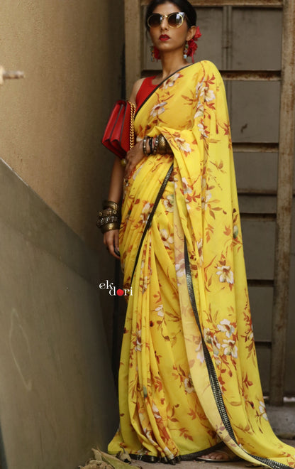 'Autumn' Yellow Leaf Print Georgette Saree : Buy Statement Summer Printed Sarees Online