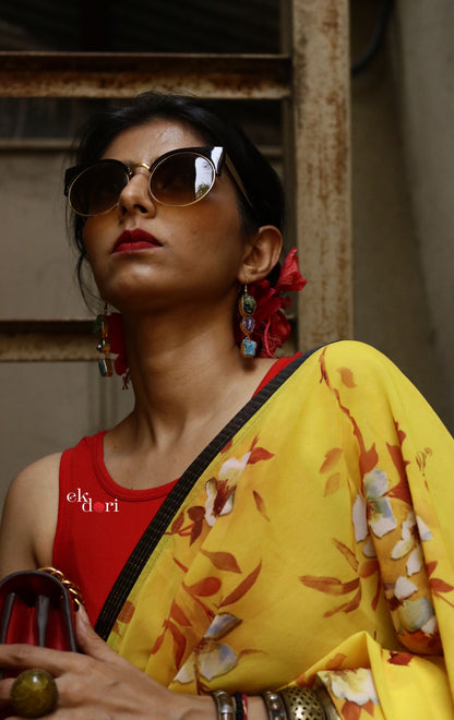 'Autumn' Yellow Leaf Print Georgette Saree : Buy Statement Summer Printed Sarees Online