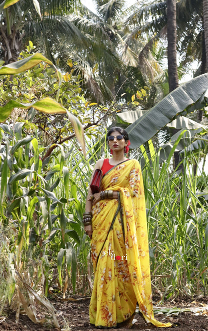 'Autumn' Yellow Leaf Print Georgette Saree : Buy Statement Summer Printed Sarees Online