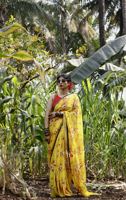 'Autumn' Yellow Leaf Print Georgette Saree : Buy Statement Summer Printed Sarees Online