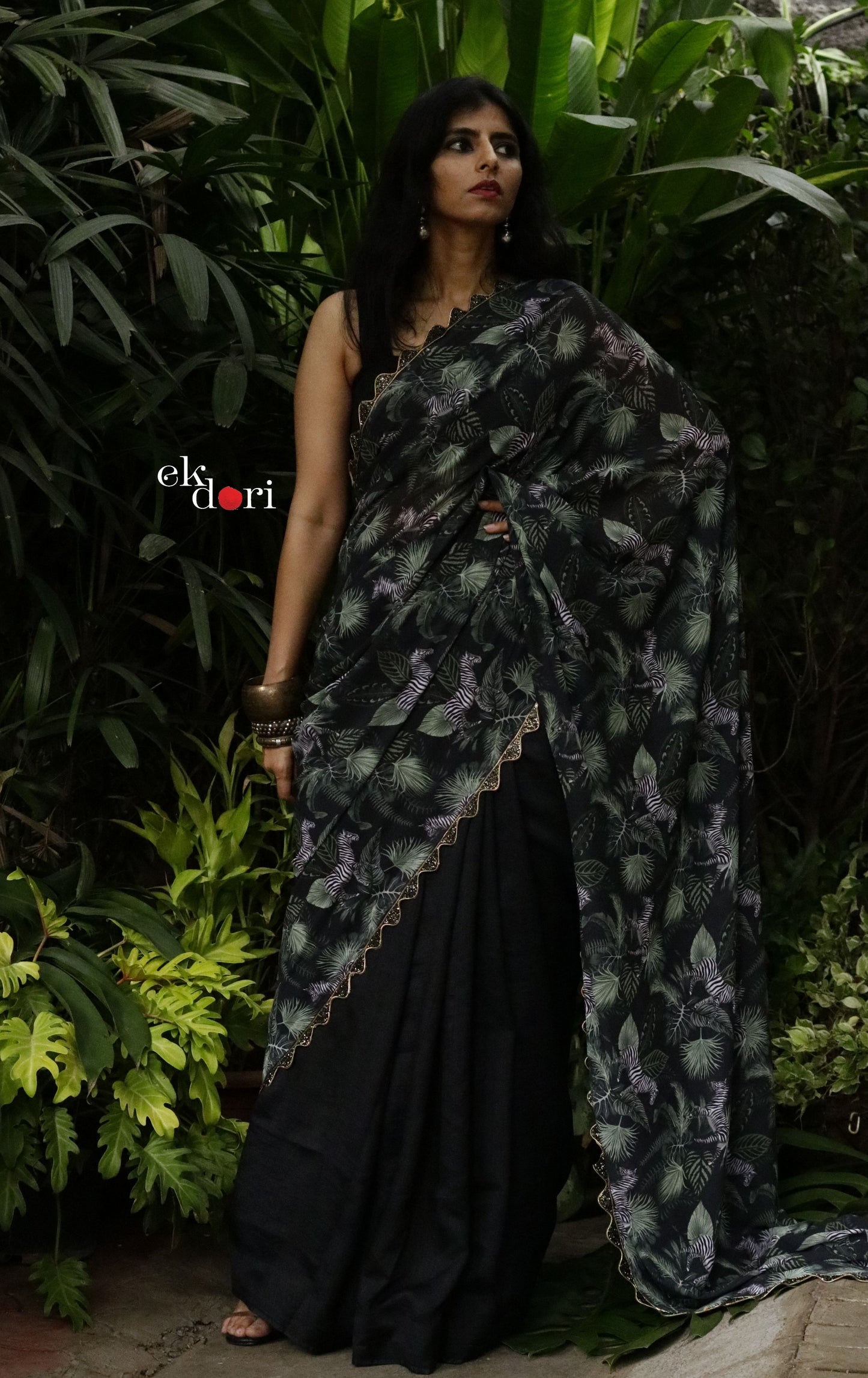 'Zen Zebra' Tropical Print Satin Statement Saree : Buy Cocktail Sarees Online