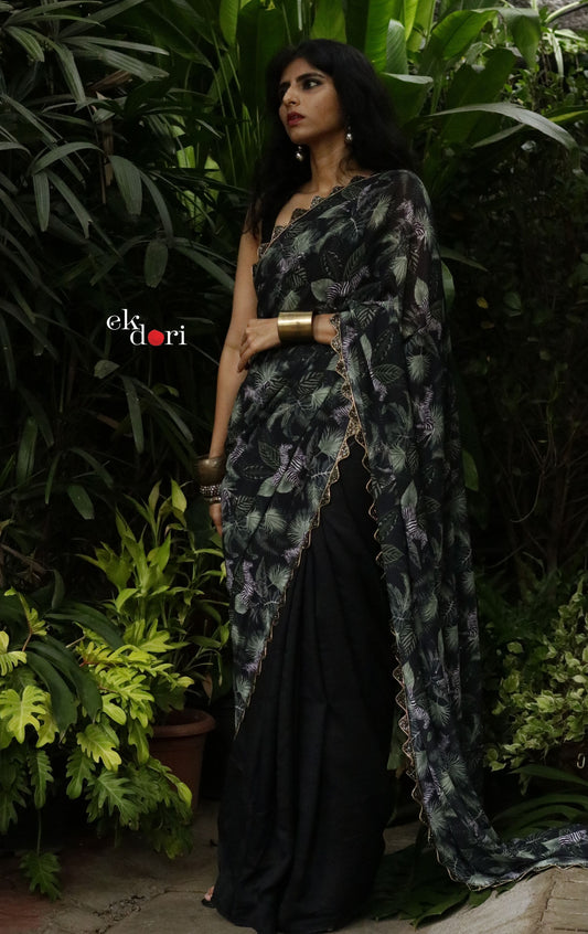 'Zen Zebra' Tropical Print Satin Statement Saree : Buy Cocktail Sarees Online