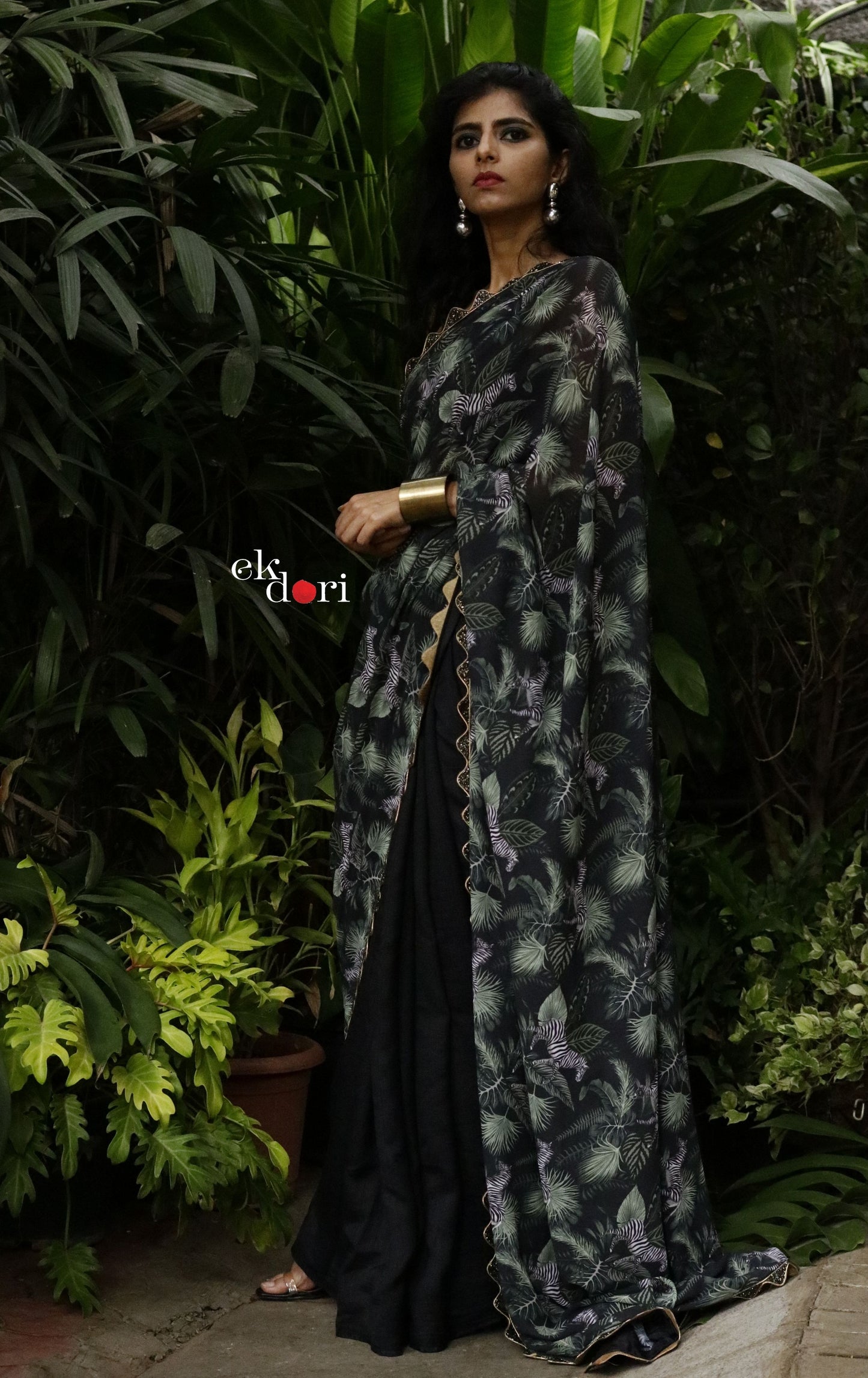 'Zen Zebra' Tropical Print Satin Statement Saree : Buy Cocktail Sarees Online